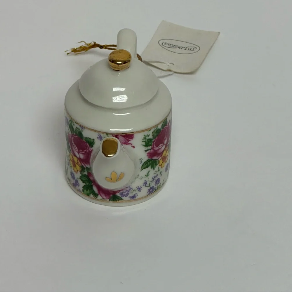 Mini Tea Pot 3” Decorative Floral Design Gold Trim Cottage Core